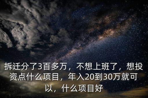 拆遷分了3百多萬，不想上班了，想投資點什么項目，年入20到30萬就可以，什么項目好