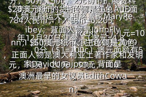 1 澳幣是多少人民幣$根據(jù)2019年12月30日匯率，1澳元=4.8784人民幣，1人民幣=0.205澳元 澳幣的貨幣代碼是A$,AUD，分/仙（cent，c）1元=100分（$1=100c）澳元面額有5元，10元，20元，50元，100元的塑料錢幣另有5分，10分，20分，50分，1元，2元鑄幣擴展資料$20澳元紙幣：主色調(diào)是紅色，正面人物是船運大亨和慈善家MaryReibey；背面人物是JohnFlynn；$50澳元紙幣：主色調(diào)是黃色，正面人物是澳大利亞土著作家和發(fā)明家DavidUnaipon；背面是澳洲最早的女議員EdithCowan；