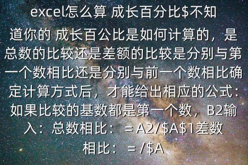 excel怎么算 成長百分比$不知道你的 成長百公比是如何計(jì)算的，是總數(shù)的比較還是差額的比較是分別與第一個(gè)數(shù)相比還是分別與前一個(gè)數(shù)相比確定計(jì)算方式后，才能給出相應(yīng)的公式：如果比較的基數(shù)都是第一個(gè)數(shù)，B2輸入：總數(shù)相比：＝A2/$A$1差數(shù)相比：＝/$A