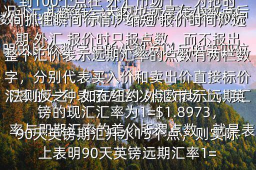  外匯點(diǎn)數(shù)怎么計(jì)算$點(diǎn)數(shù)匯率是遠(yuǎn)期匯率的一種表示方法以點(diǎn)數(shù)表示遠(yuǎn)期匯率與即期匯率的差價(jià)所謂點(diǎn)數(shù)，就是表明由比價(jià)數(shù)字中的小數(shù)點(diǎn)以后的第四位數(shù)，也即一個(gè)點(diǎn)約為萬分之一在一般情況下，匯率在一天內(nèi)也就是在小數(shù)點(diǎn)后的三位數(shù)變動(dòng)，也即變動(dòng)幾十個(gè)點(diǎn)，不到100個(gè)點(diǎn)在 外匯市場上，為搶時(shí)間抓住瞬間行情，縮短 報(bào)價(jià)時(shí)間，遠(yuǎn)期 外匯 報(bào)價(jià)時(shí)只報(bào)點(diǎn)數(shù)，而不報(bào)出整個(gè)匯價(jià)表示遠(yuǎn)期匯率的點(diǎn)數(shù)有兩欄數(shù)字，分別代表買入價(jià)和賣出價(jià)直接標(biāo)價(jià)法則反之，如在紐約 外匯市場上，英鎊的現(xiàn)匯匯率為1=$1.8973，90天英鎊期匯升水15個(gè)點(diǎn)，則實(shí)際上表明90天英鎊遠(yuǎn)期匯率1=